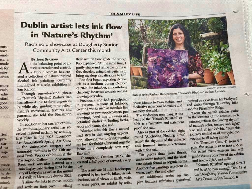 Tri-Valley Life newspaper feature on Rashmi Rao's Nature's Rhythm exhibition