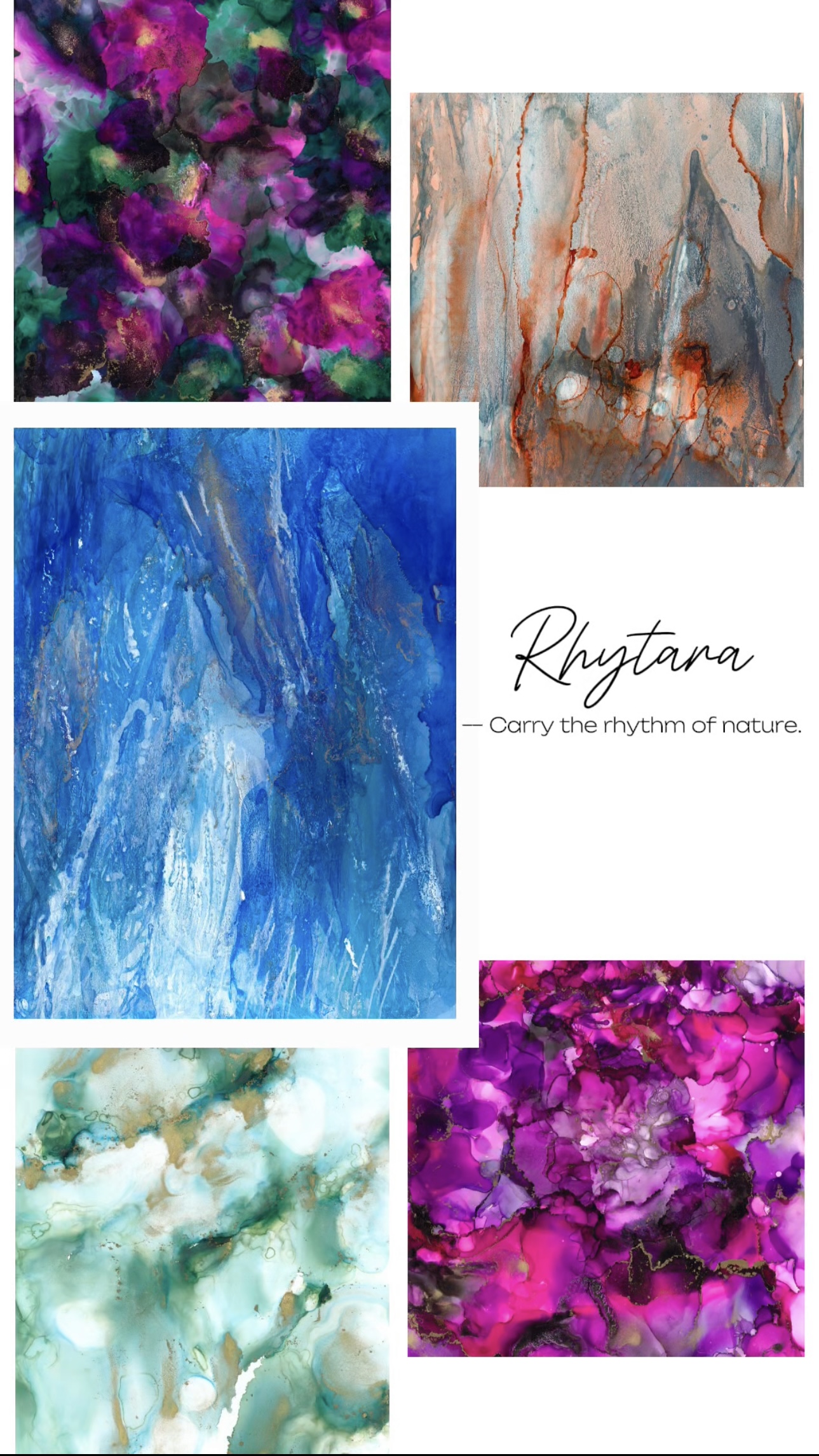 Five original Rhytara alcohol ink paintings arranged around the Rhytara wordmark and the line: Carry the rhythm of nature.