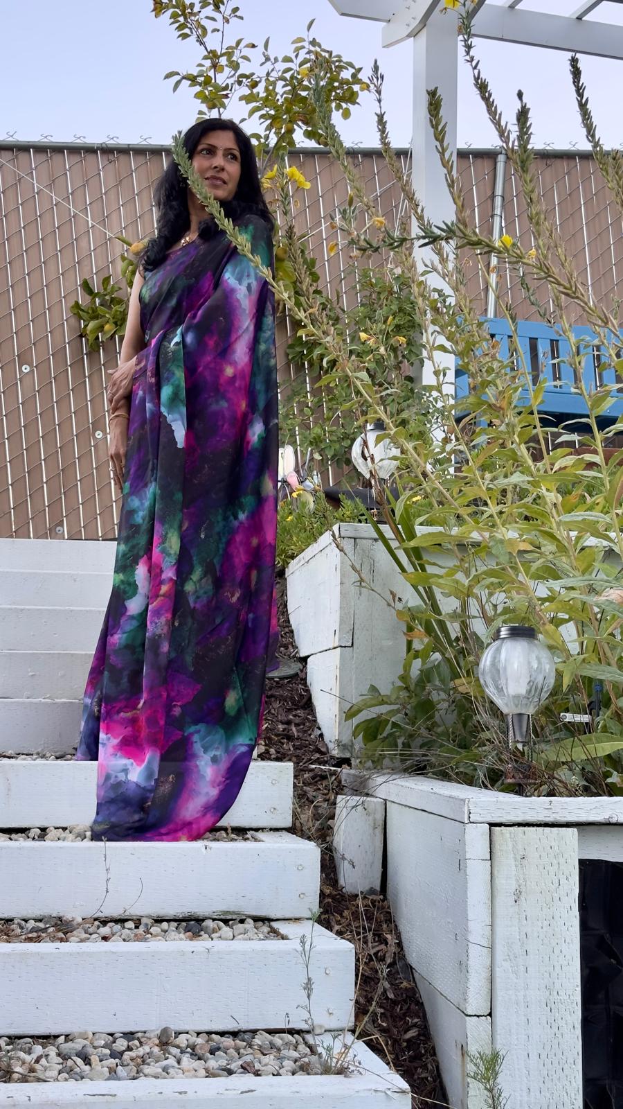 A Rhytara wearable-art saree, worn outdoors